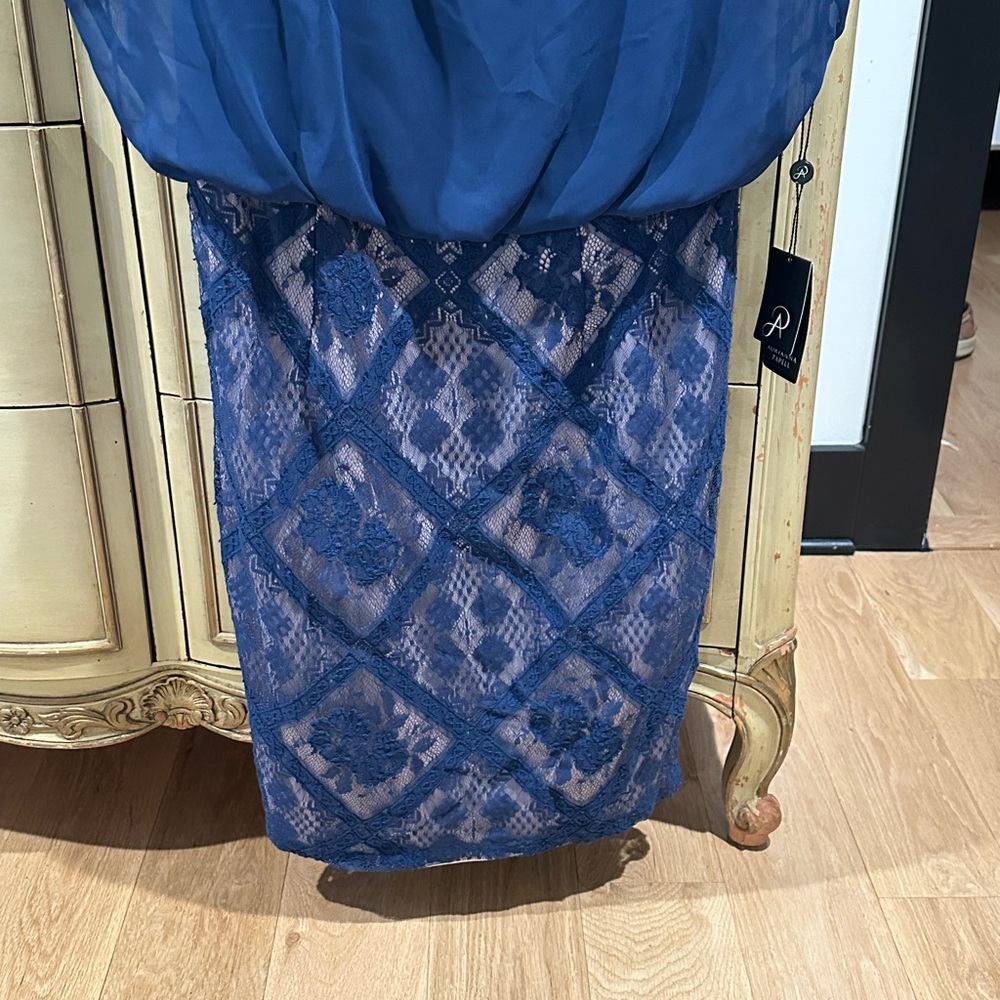 Adrianna Pappell Navy Blue Lace Skirt and Open Back Cocktail Dress NWT Size 14 - Picture 4 of 7